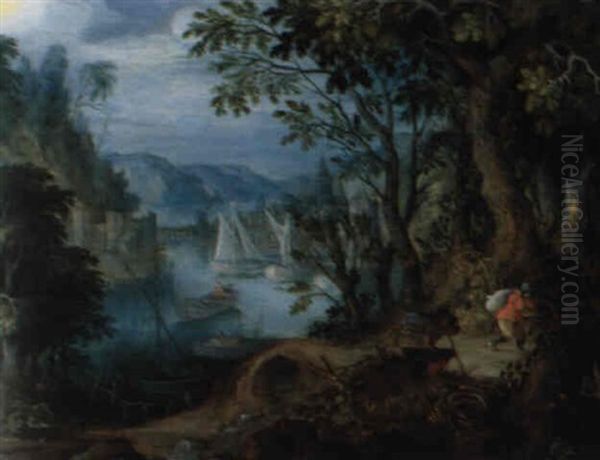 Bewaldete Fluslandschaft Mit Zwei Bauern - view 1