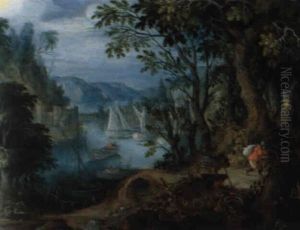 Bewaldete Fluslandschaft Mit Zwei Bauern by Abraham Govaerts