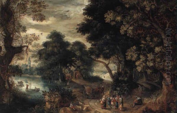 A Wooded River Landscape With Peasants Resting And Conversing On A Track - view 1
