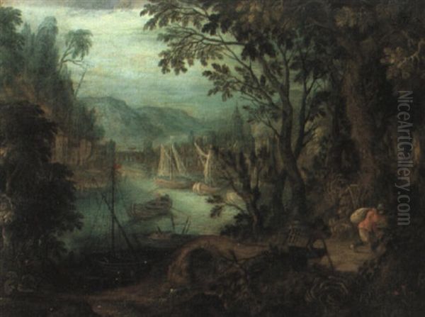 Wooded River Landscape With Boats And Figures - view 1