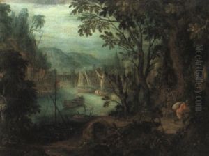 Wooded River Landscape With Boats And Figures Wooded River Landscape With Boats And Figures