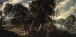 Wooded River Landscape With A Bird Catcher Resting Under A Tree by Abraham Govaerts