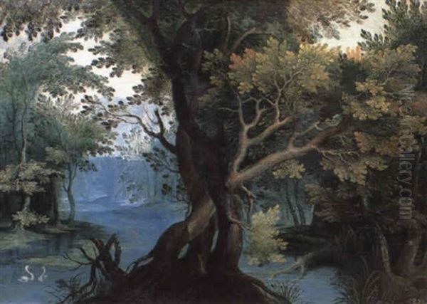 Forest Landscape With Two Swans On A River - view 1