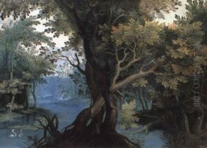 Forest Landscape With Two Swans On A River Forest Landscape With Two Swans On A River