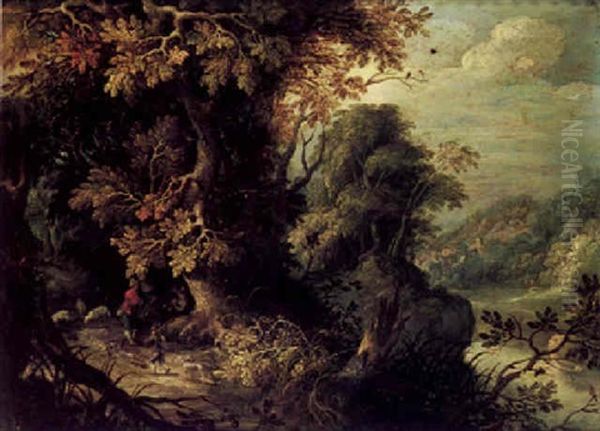 A Wooded Landscape With Figures On A Path Above A River - view 1