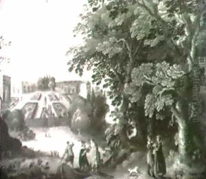 An Ornamental Garden In The Foreground A Gentleman
