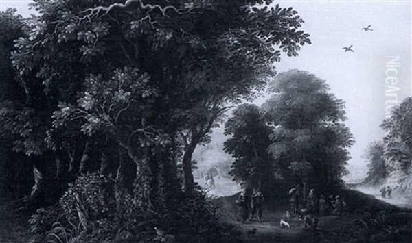 A Wooded Landscape With Travelers On A Path And             Resting In A Clearing - view 1