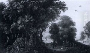 A Wooded Landscape With Travelers On A Path And Resting In A Clearing by Abraham Govaerts