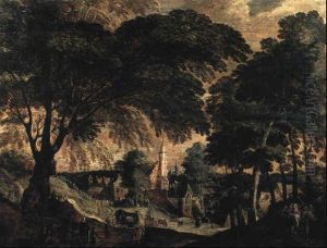A Wooded Landscape With Peasants On A Track by Abraham Govaerts