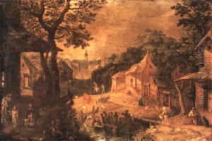 A Village Street Scene With Figures And Animals By A Stream by Abraham Govaerts