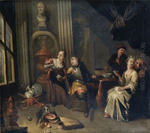 An Elegant Interior With Soldiers And Women Carousing