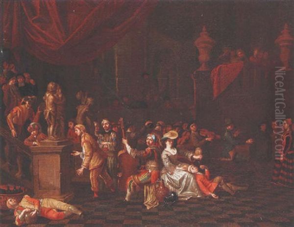 Elegant Figures In Carnival Costume Merrymaking Among Musicians In An Interior - view 1