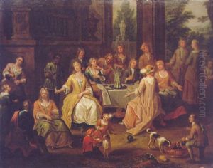 Elegant Figures Banqueting On The Terrace Of A Country House, A Garden Beyond by Hendrik Govaerts
