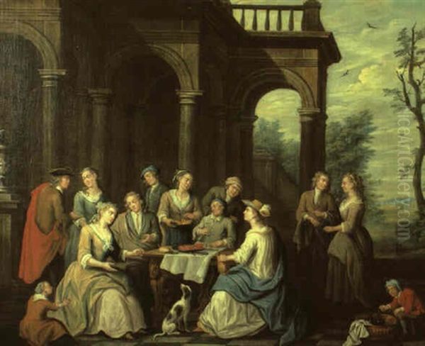 Elegant Figures Eating, Drinking And Conversing Outside Classical Pavillion - view 1