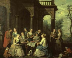 Elegant Figures Eating, Drinking And Conversing Outside Classical Pavillion