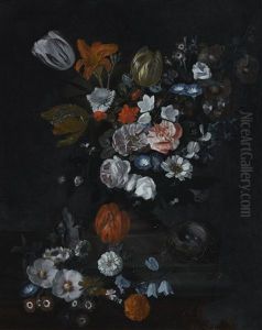Still Life Of Flowers And A Bird's Nest On A Stone Ledge by Jan Baptiste Govaerts