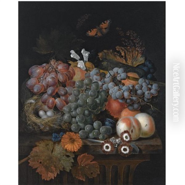 A Still Life With Blue And White Grapes On A Vine, Peaches, A Daisy, Auriculas And A Bird's Nest, All On A Wooden Ledge, Together With A Butterfly - view 1