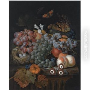 A Still Life With Blue And White Grapes On A Vine, Peaches, A Daisy, Auriculas And A Bird's Nest, All On A Wooden Ledge, Together With A Butterfly