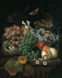 Stillleben Mit Weintrauben, Pfirsichen Und Blumen Sowie Einem Vogelnest by Jan Baptiste Govaerts
