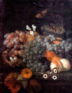 Grapes, Peaches, A Bird's Nest, Convolvulus, And A Red Admiral Butterfly On A Stone Ledge by Jan Baptiste Govaerts