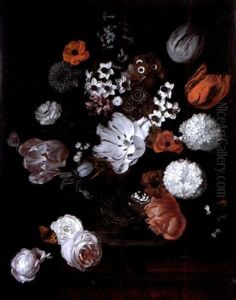 Tulips, Narcissi, Hyacinths, An Iris And Other Flowers In A Stone Vase Beside A Bird's Nest On A Marble Ledge