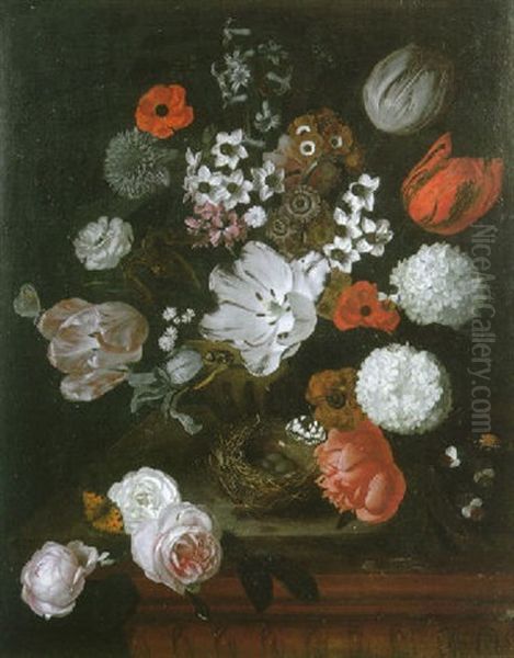A Still Life Of Tulips, Narcissi, Hyacinths, An Iris And Other Flowers In A Stone Vase Beside A Bird's Nest Standing On A Marble Ledge - view 1