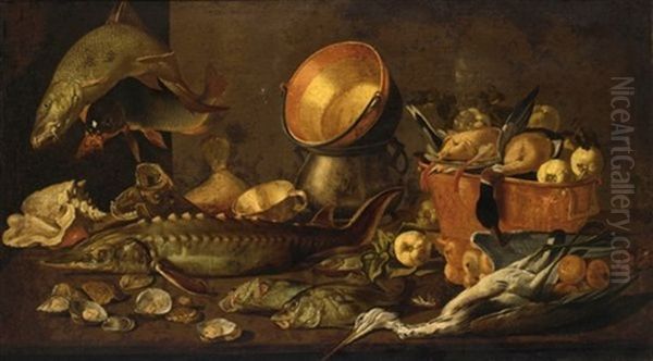 A Still Life With A Sturgeon, A Carp And Other Fresh-waterfish, Together With Copper Bowls, Shells, Oysters, Ducks In A Bucket, And A Heron, All On A Wooden Table - view 1