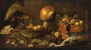 A Still Life With A Sturgeon, A Carp And Other Fresh-waterfish, Together With Copper Bowls, Shells, Oysters, Ducks In A Bucket, And A Heron, All On A Wooden Table