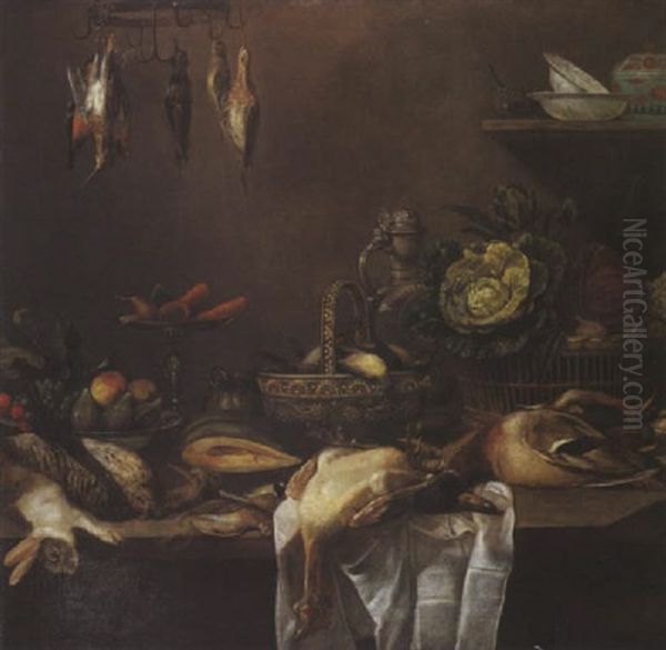 Nature Morte Aux Gibiers, Fruits Et Legumes Sur Un Entablement - view 1