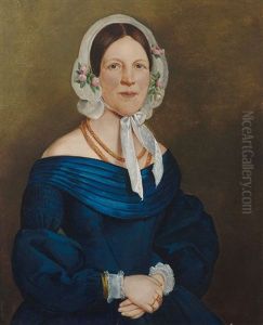 Portrait Einer Jungen Frau Im Blauen Kleid Mit Goldener Kette Und Spitzenhaube