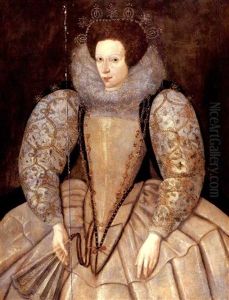 Portrait Of Elizabeth, Countess Of Salisbury Wearing A White Dress With Embroidered Sleeves And White Ruff by George Gower