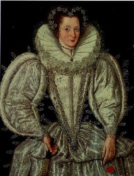 Portrait Of A Lady In A White Satin Dress Decorated With Jewels, And A Lace Ruff, With Pearl Ornaments In Her Hair - view 1