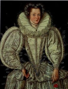 Portrait Of A Lady In A White Satin Dress Decorated With Jewels, And A Lace Ruff, With Pearl Ornaments In Her Hair