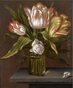 A Still Life With Tulips And Roses In A Glass Vase, On A Stone Ledge by Johannes Baers