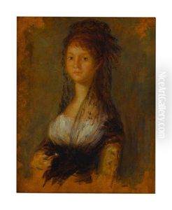Portrait Of A Young Lady, Half Length, Wearing A White And Yellow Dress And A Mantilla by Francisco Goya Fuendetodos