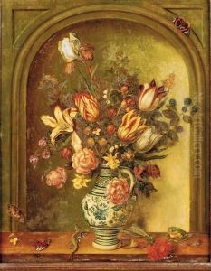 Tulips, Roses, Lilies And Other Flowers With Blackberries And Gooseberries In A Porcelain Vase On A Wooden Ledge Before A 'trompe L'oeil' Niche by Johannes Baers