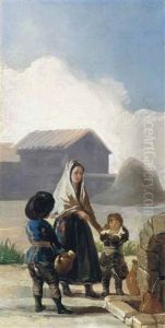 A Woman And Two Boys By A Fountain - A Sketch by Francisco Goya Fuendetodos
