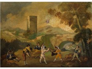 Spielende Kinder In Einer Landschaft Mit Turm Und Steinerner Bogenbrucke Unter Einem Hohen Baum by Francisco Goya Fuendetodos