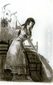 A Young Woman Arranging Her Hair Beside A Bed On Which Another Woman Is Resting (+ A Young Woman Sweeping In A Tavern, Verso) by Francisco Goya Fuendetodos