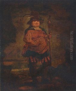 Portrait Of A Peasant Man Wearing A Pleated Orange Doublet And Holding A Spear