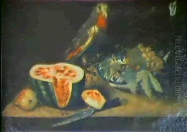 Still Life Of A Split Melon, Grapes On A Ceramic Plate And A Perched Parrot - view 1