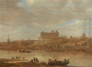 A River Landscape With A Ferry Boat And A Castle By A Town Beyond
