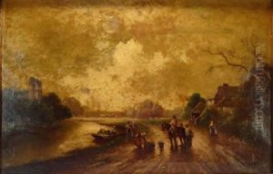 Figures Along River With Rowboat