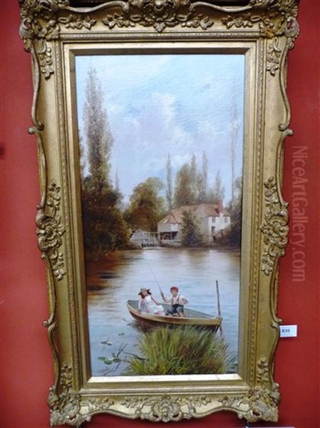 River Landscape With Children Fishing From A Boat - view 1