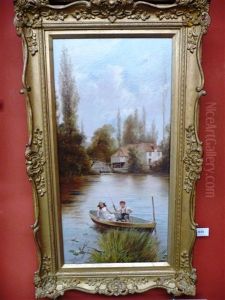 River Landscape With Children Fishing From A Boat by James Walter Gozzard
