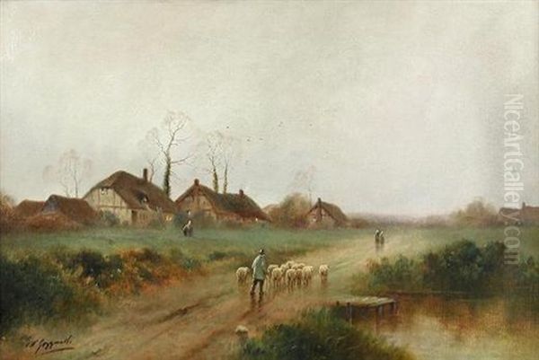 A Shepherd With His Flock On A Country Lane (+ Misty Evening With Villagers Conversing By A Pond; Pair) - view 1