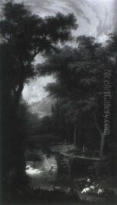 Paysage De Foret Avec Bergers Et Leurs Troupeaux Pres D'une Riviere Paysage De Foret Avec Bergers Et Leurs Troupeaux Pres D'une Riviere