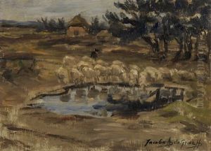 Landschaft Mit Schafen An Einem Tumpel by Jacoba De Graaff