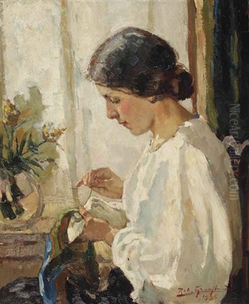 A Seamstress Doing Needlework By A Window - view 1