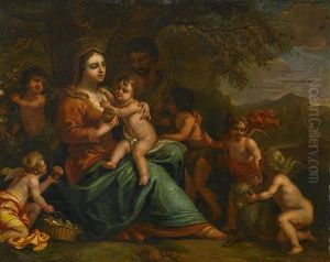 Heilige Familie In Italianisierender Landschaft, Von Putten Umgeben by Barend Graat